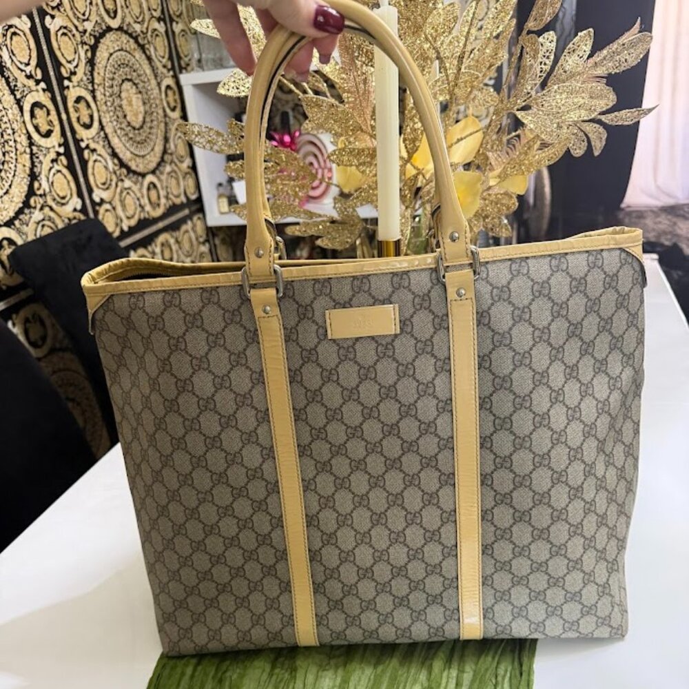 Gucci GG Supreme Canvas Large Tote Bag Beige Monogram Leather Trim